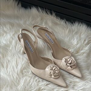 Charles & Keith Beige Pointed Slingback Heels with Rosette